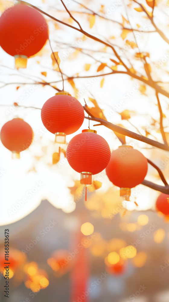 Poster bright red lanterns hanging from branches, creating festive atmosphere
