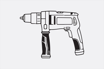 A minimalist black-and-white illustration of a cordless power drill focusing on clean lines and a modern design.