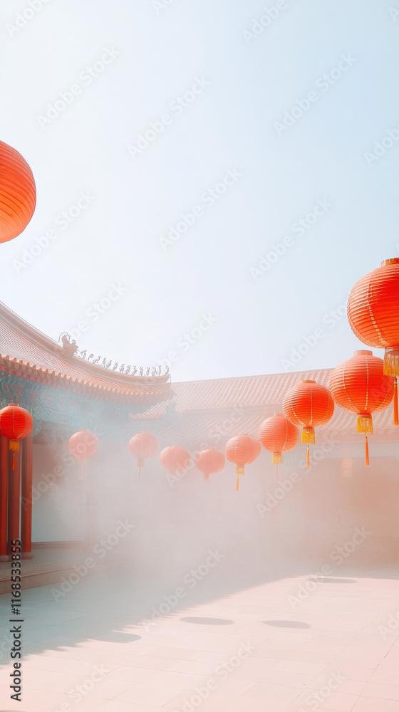 Poster Bright red lanterns hang in serene courtyard, creating festive atmosphere. clear sky and soft mist enhance tranquil setting