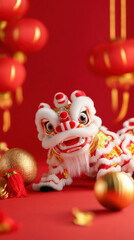vibrant lion dance costume on red background with festive decorations