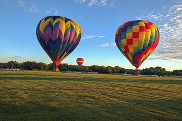 Obraz premium Colorful hot air balloons soaring above a lush green landscape during a clear day