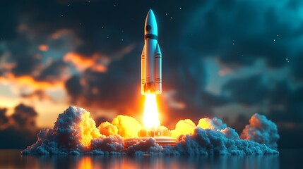 Obraz premium A powerful rocket launches into a vibrant sky, surrounded by clouds and flames, symbolizing innovation and exploration.