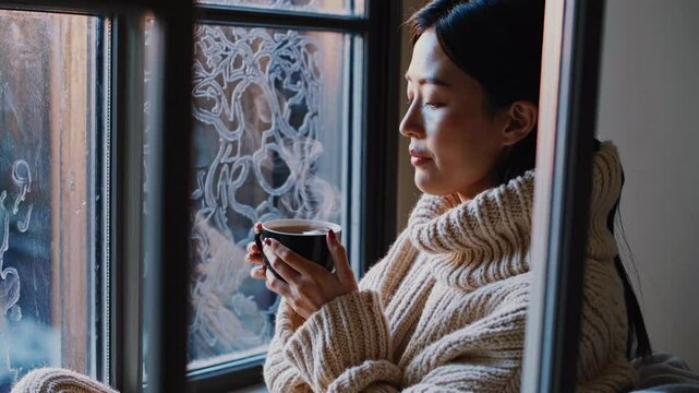 Young Woman Contemplating by Window, Textured Argyle Sweater and Knit Cardigan, Decorative Glass Window