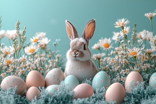 Niedlicher Osterhase mit pastellfarbenen Eiern und Fr&uuml;hlingsblumen