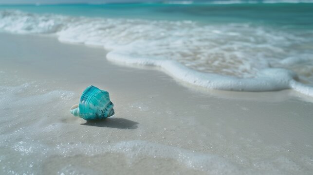 A single turquoise seashell resting on a pristine white sandy beach with gentle waves rolling in.