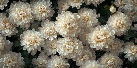 a dense floral pattern of peonies and chrysanthemums in white and red color