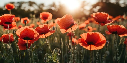 A field of vibrant red poppies in full bloom, with the sun setting background