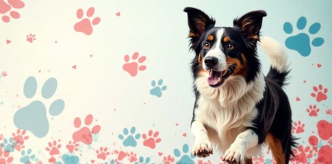 Energetic Border Collie with paw print banner, active, dog