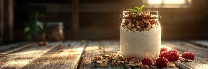 A glass jar of greek yogurt with granola and berries, on a wooden background