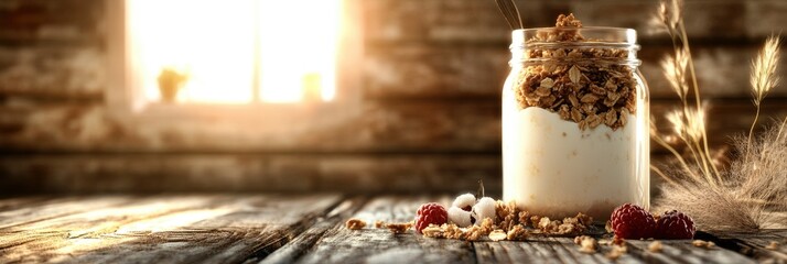 A glass jar of greek yogurt with granola and berries, on a wooden background
