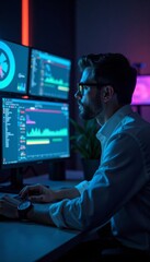 Engineer at console observing system operation, monitoring systems, controls