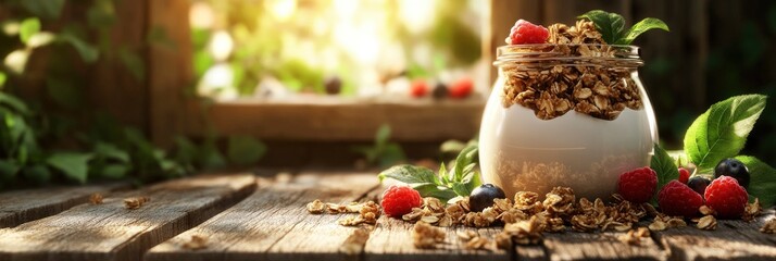 A glass jar of greek yogurt with granola and berries, on a wooden background