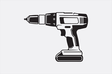 A minimalist black-and-white illustration of a cordless power drill focusing on clean lines and a modern design.