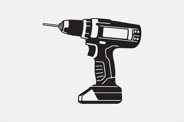 A minimalist black-and-white illustration of a cordless power drill focusing on clean lines and a modern design.