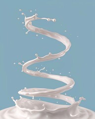 3d render, digital illustration, milk spiral jet, white splash, liquid wave, paint, loops, curvy line, blue background

