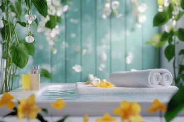 Relaxing spa setting with towels and floral accents in a serene environment
