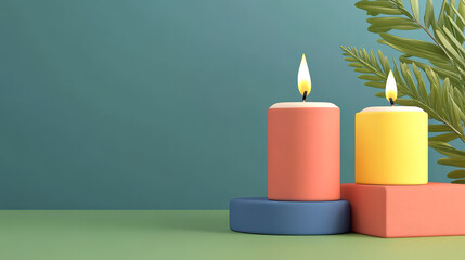 Two colorful candles with flames are placed on a minimalistic background adorned with greenery.