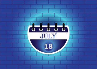 A stylized calendar page displaying July 18th. The design features a blue and white color scheme, set against a textured blue brick wall background, creating a clean and modern aesthetic.