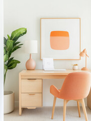 modern home office featuring wooden desk, orange chair, and plant