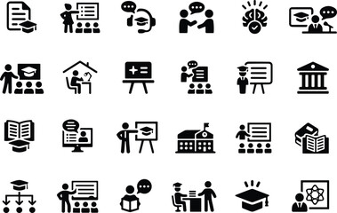 Teacher icon set. Containing lesson, class, school, teaching, mentor, professor, education, books, instruct, knowledge and pedagogy. Vector illustration