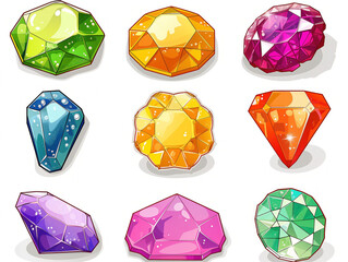 Nine colorful gemstones and diamonds in a fun cartoon style, great for game design. These vector assets are isolated on a white background, making them versatile for any project.