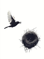 A silhouette of a bird flying towards a nest made of twigs.