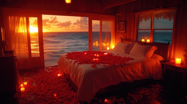 Romantic Sunrise Oceanfront Bedroom Decorated with Rose Petals and Candles.