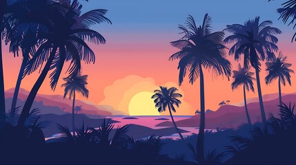 Fototapeta premium serene tropical sunset with palm trees silhouetted against sky