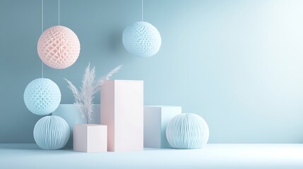Pastel paper spheres adorn minimalist display cubes and branches