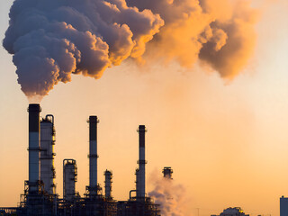 Industrial pollution. Silhouetted refinery chimneys and smoke stacks billowing dark, grey and orange smoke against a vibrant sunset sky. Air pollution from fossil fuel burning. Climate change, global 