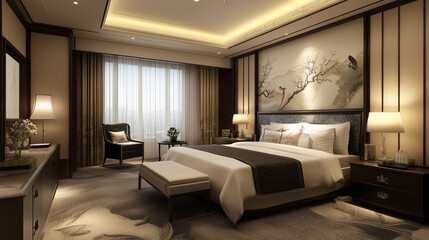 A middle-class family clean simple high-end bedroom, mainly black, supplemented by gray and a small amount of white, furniture bed is quite textured, there is a clean wall, simple carpet.