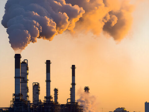 Industrial pollution. Silhouetted refinery chimneys and smoke stacks billowing dark, grey and orange smoke against a vibrant sunset sky. Air pollution from fossil fuel burning. Climate change, global 