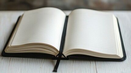 Obraz premium Open blank notebook with black cover on wooden table.