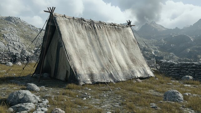 A simple, rustic canvas tent pitched in a mountainous landscape near ancient ruins.