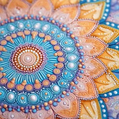 Colorful Mandala with Intricate Patterns and Textures in Shades of Blue, Orange, and Cream