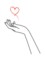 hand with heart line art style vector illustration.A hand holding a heart. Minimalistic black and white vector illustration in lineart style.