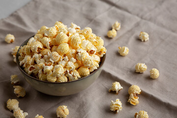 Homemade Kettle Corn Popcorn in a Bowl, side view.