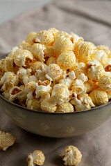 Homemade Kettle Corn Popcorn in a Bowl, low angle view. Close-up.