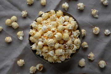 Homemade Kettle Corn Popcorn in a Bowl, top view. Flat lay, overhead, from above.