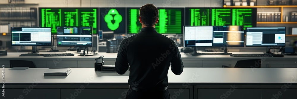Poster man in center of data room surrounded by glowing green code and digital screens with financial model