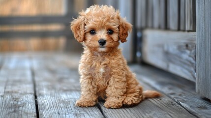 Cute fluffy puppy sitting on wooden deck in bright daylight enjoying the outdoors