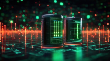 Futuristic batteries with glowing data visualization.