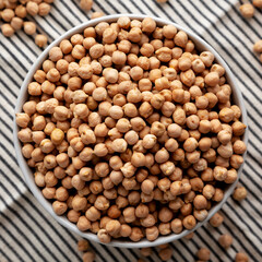 Dry Organic Chickpeas in a Bowl, top view. Flat lay. overhead, from above.