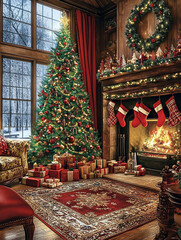 Fototapeta premium Festive Christmas living room with decorated tree, fireplace, and gifts.
