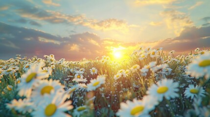 Sunset over daisy field, Beautiful summer nature landscape with wild flowers meadow at sunset. White camomile on the background of beautiful sky with empty space.