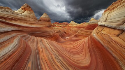 Desert canyon with layered red rock formations, dramatic storm clouds 3d illustration