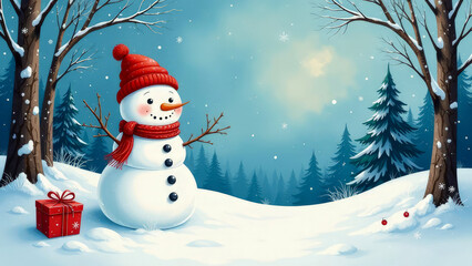 Obraz premium Cheerful snowman in snowy winter forest among fir trees. Creation of winter magic atmosphere. New Year's, Christmas postcard.