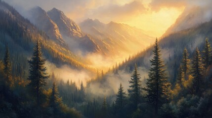 Obraz premium Misty mountain valley at sunrise, golden light filtering through pine forest, illustration