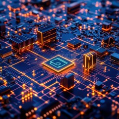 Futuristic circuit board with glowing elements.
