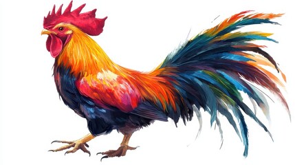 Fototapeta premium A vibrant, colorful rooster with a striking plumage stands proudly, showcasing its beautiful feathers and distinctive comb.
